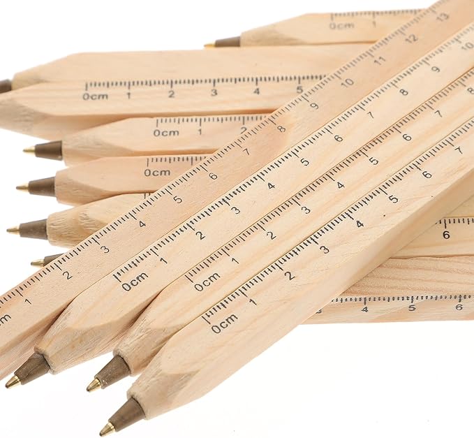 Housoutil 12pcs Black Ballpoint Pens Natural Wood Carpenter Drafting Pens with Printed Ruler Scale Eco-friendly Biodegradable Woodwork Supply for Office and Construction