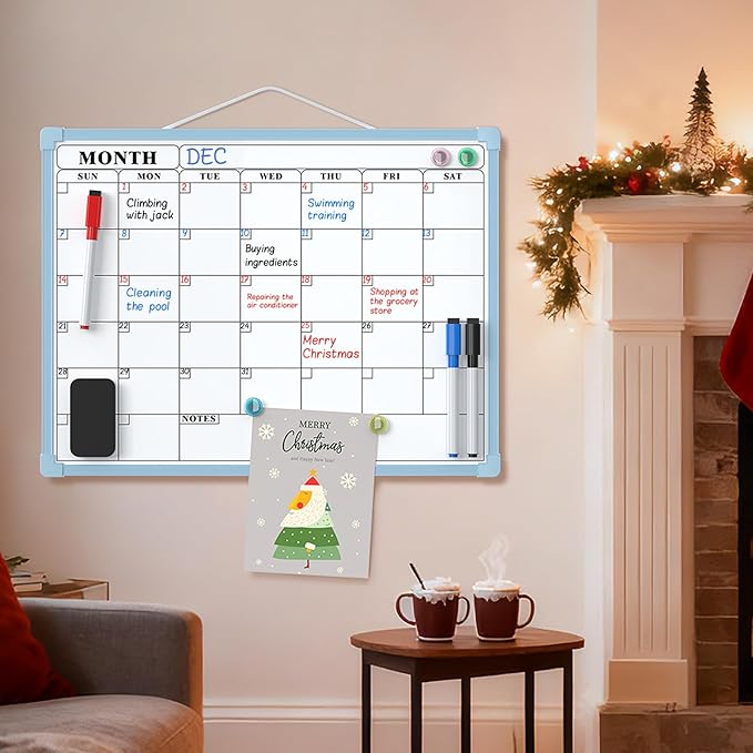 MaxGear Monthly Calendar Dry Erase Board for Wall, 16"x12" Small Hanging Double-Sided White Board, Portable Whiteboard for Planning, Drawing, Memo, to Do List, School, Home, Office, Blue Frame