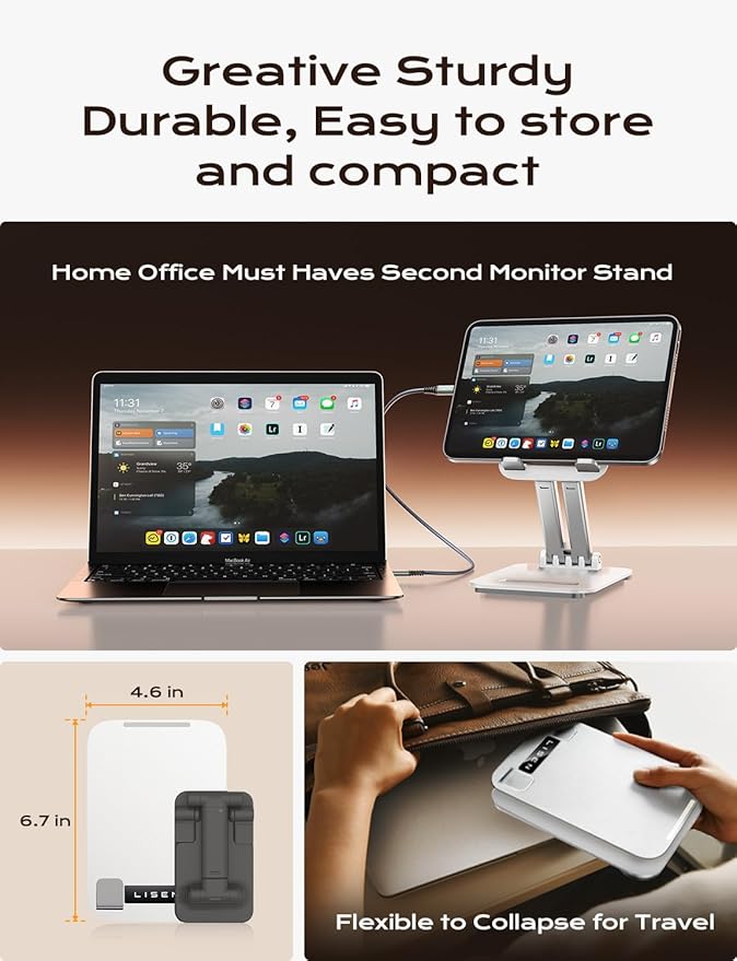LISEN Tablet Stand for iPad Stand Holder Desk, Foldable Home Office Desk Accessories Travel for iPad Holder Dorm College Essentials Portable Monitor Stand Fits Tabs Kindle iPhone 4-15.9" Black (White)