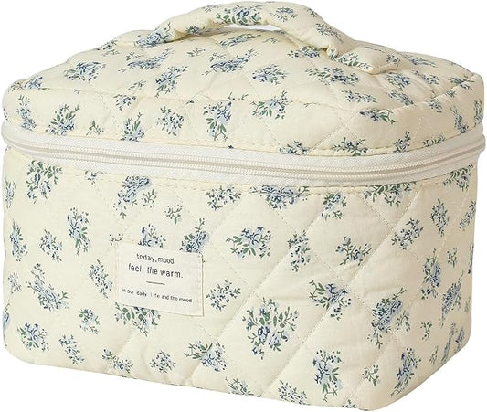 uekeboag Large Travel Quilted Makeup Bag for Women | Soft Floral Cotton Cosmetic Bag, Foldable Coquette Aesthetic Toiletry Organizer