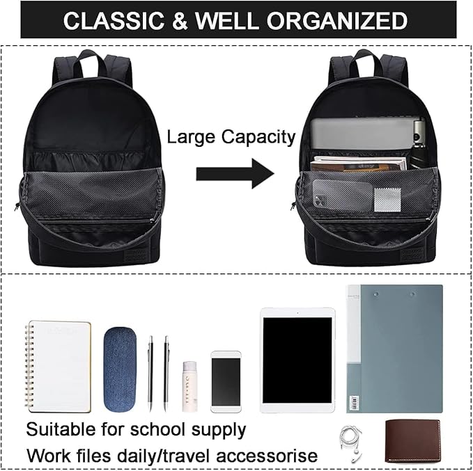 SUPACOOL Casual Laptop Backpack for Men and Women, Work backpack, Black Backpacks, College School Backpack for Boys and Girls, USB Charging Port, Lightweight Travel Back Pack(Black)