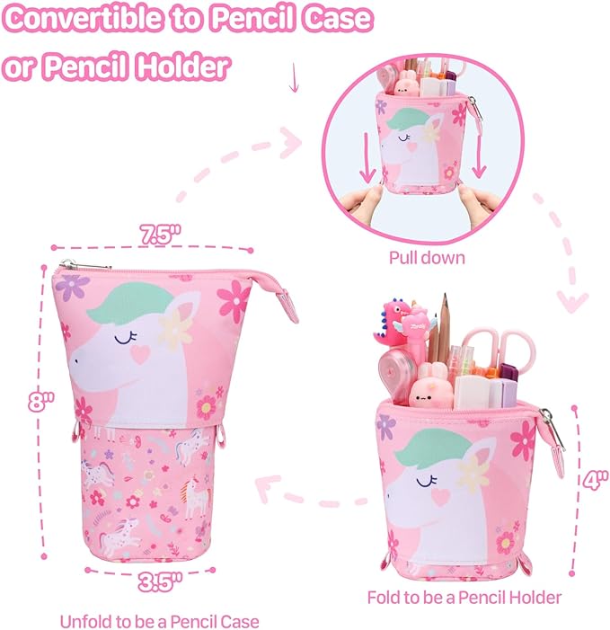Standing Pencil Case Girls - Telescopic Pouch for Kids, Cute Kawaii Pencil Case for Girls, Big Capacity Stand Up Pencil Pouch for Kids, Pink Flower Unicorn