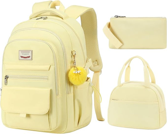School Bag for Teens Girls,Girls Backpack,3 PCS Backpack for Girl, 15.6 Inch Laptop with Lunch Box Pencil Pouch Set (Yellow Set)