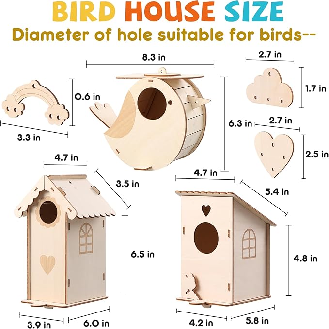 JMMICO 3 Pack Bird Houses Kits for Kids, Wooden Painting Arts and Crafts for Kids Ages 8-12, Build & Paint Your Own Bird Houses and Wind Chime Kits, Toddlers Easter Gifts for Girls Boys