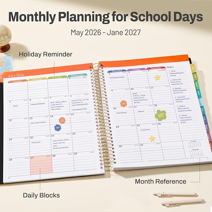 SUNEE Deluxe Teacher Planner 2026-2027, Lesson Planner Book with 7 Periods Jul 2026 - Jun 2027, 8.5" x 11" Daily Weekly and Monthly Organizers with Colorful Tabs, Planning Stickers,120gms Paper, Black