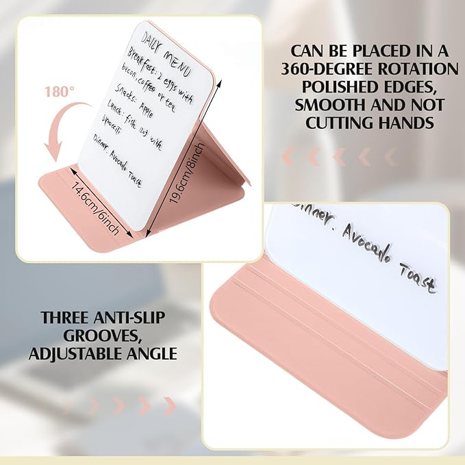 Dunzoom 2 Sets 4 Pcs Small Glass Desktop Whiteboard with Reversable Stand 8x6 Inch Mini Dry Erase White Board Easel with 2 Markers Reusable Desk Notepad for Home Office School Supplies (Pink)