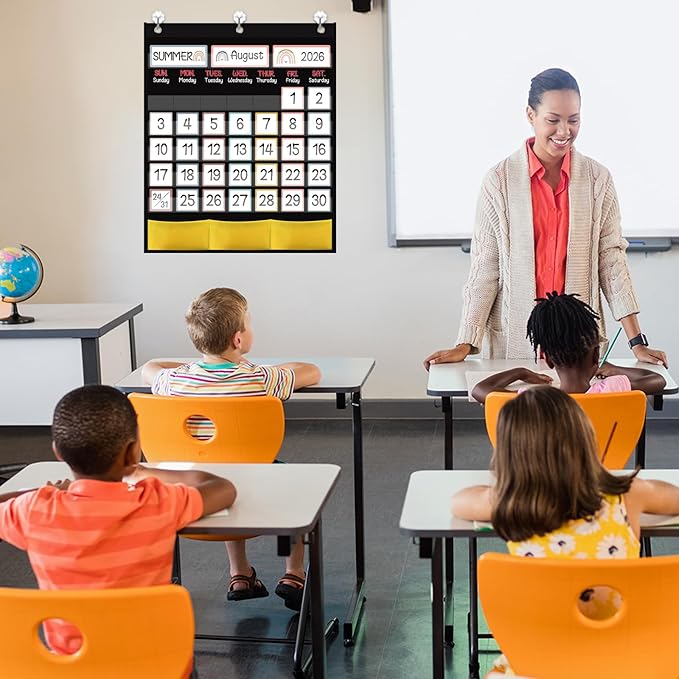 Black Classroom Calendar Pocket Chart with 89 Cards for Students Kids Large Classroom Calendar Pocket Chart for Home School Teacher Supplies (Rainbow Theme)