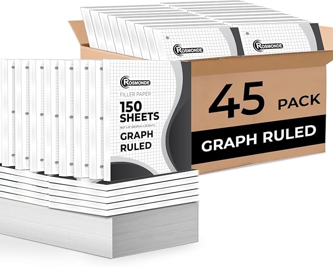 Rosmonde 45 Pack, 6750 Sheets Graph Paper Bulk, 4x4, 8" x 10.5", Bulk Loose Leaf Paper, Bulk Grid Paper, Thick Graphing Paper, Fights Ink Bleed, 3 Hole Punched, Quad Ruled Sheets, Bulk School Supplies