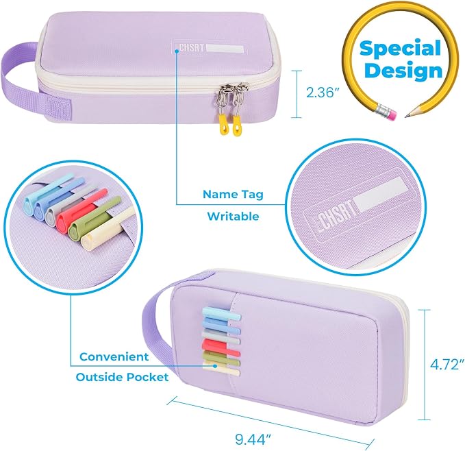 ECHSRT Large Capacity Pencil Case with Hidden Pocket, 1200D Oxford Fabric Zipper Pencil Pouch with Handle, Multi-Pocket Stationery Organizer for Office, College, Travel and Daily Carry, Light Purple