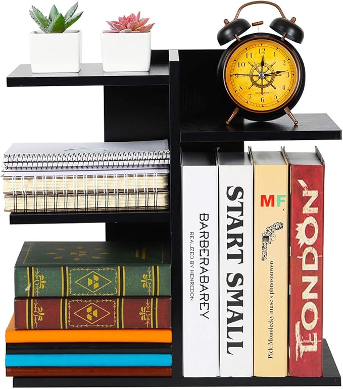PAG Wood Desktop Shelf Small Bookshelf Desk Supplies Organizers and Accessories Storage Display Rack Office Decor for Women, Black