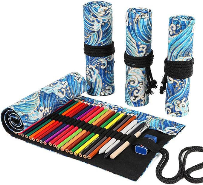 DIYOMR 24/36/72 Slots Pencil Wrap Pencil Rolls, Artist Colored Pencils Roll Up Bag Short Brushes Pouch Case Pencils Organizer for Drawing Coloring and Sketching (Blue Ocean, 24slots)