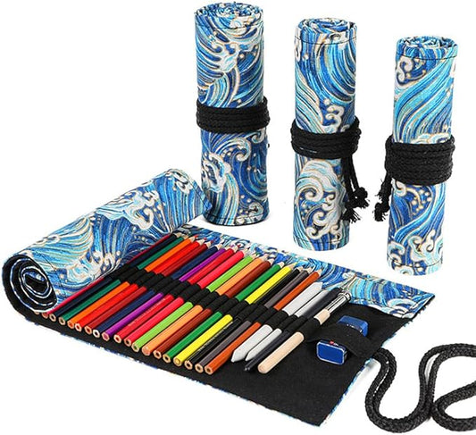 DIYOMR 24/36/72 Slots Pencil Wrap Pencil Rolls, Artist Colored Pencils Roll Up Bag Short Brushes Pouch Case Pencils Organizer for Drawing Coloring and Sketching (Blue Ocean, 24slots)