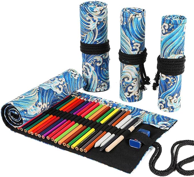 DIYOMR 24/36/72 Slots Pencil Wrap Pencil Rolls, Artist Colored Pencils Roll Up Bag Short Brushes Pouch Case Pencils Organizer for Drawing Coloring and Sketching (Blue Ocean, 72slots)