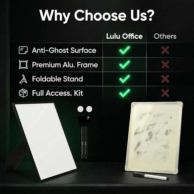 Magnetic Dry Erase Board 12x16 with Foldable Stand, Portable Black Desktop Whiteboard for Home, Office, School & Kitchen