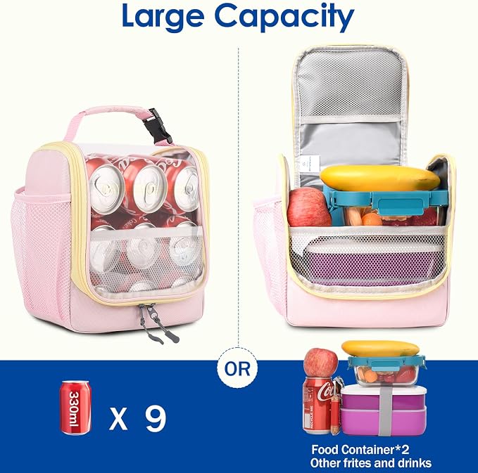 Genteen Large Kids Insulated Lunch Box for Boys Girls,Back to School,Office | Thermal Meal Tote Kit,Soft Reusable Lunch Bag,Leakproof,Double Zipper,for Work Outdoor,Yellow Pink