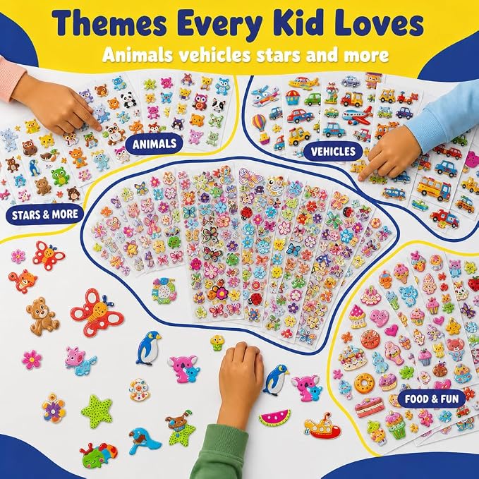 Purple Ladybug 1900+ Puffy Sticker Collection for Kids 4-8 - 80 Unique Reusable Sheets, Creative 3D Designs - Reward Stickers, Arts & Crafts Set, Travel Activities, Road Trip Essentials & Toys