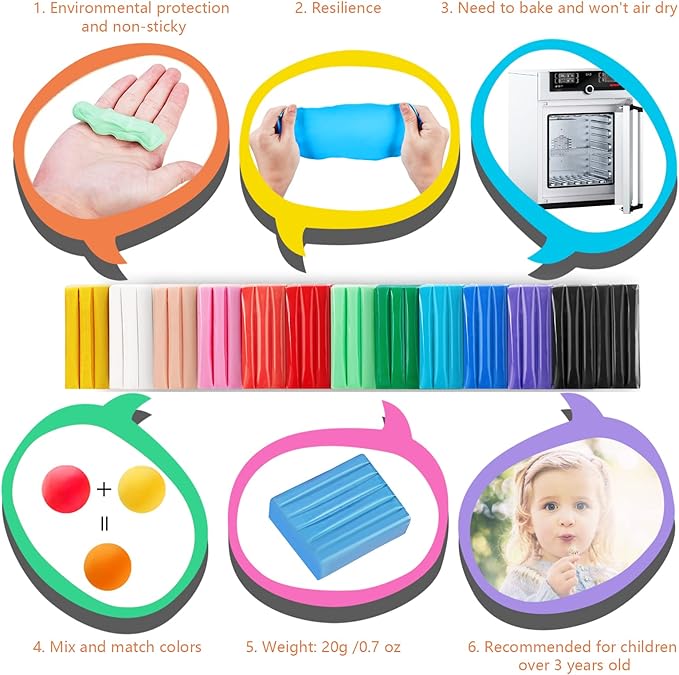 CiaraQ Polymer Clay Kit, Mini Modeling Clay Set for Kids/Beginners/Artist, 12 Colors