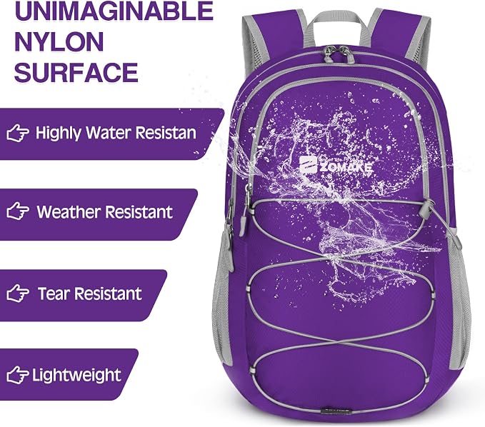 ZOMAKE Lightweight Packable Backpack, Water Resistant Foldable Daypack 28L | Light Hiking Backpacks Collapsible Day Pack for Travel, Everyday Carry, Multi Compartment Storage, Adjustable Strap (Purple)