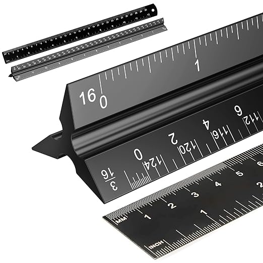 Rena Chris 2Pcs Architectural Scale Ruler, Triangular Scale & Straight Ruler, 12 Inch Aluminum Drafting Ruler Set, Laser Etched, Smooth Non-Sharp Edges, Lightweight, Inch MM Conversion for Architectur