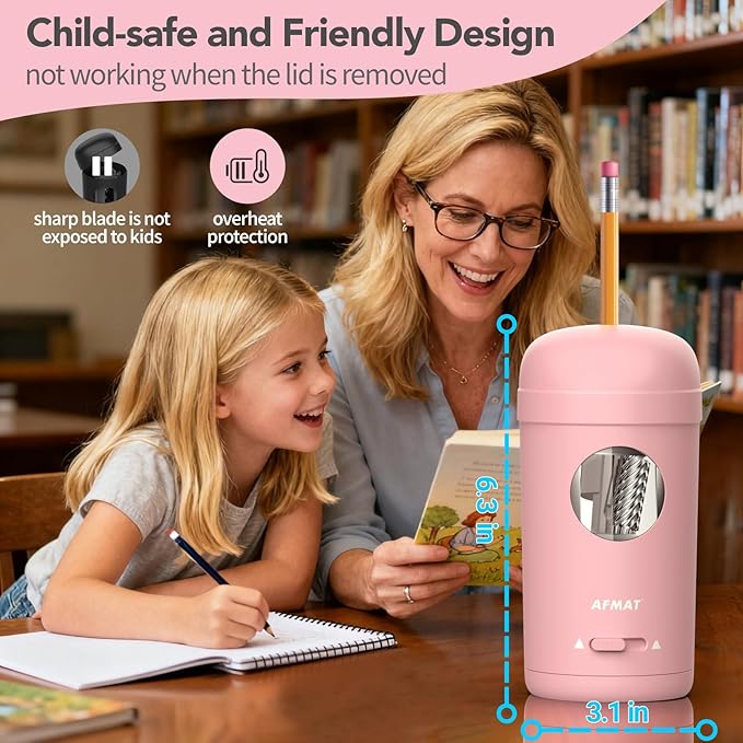AFMAT Electric Pencil Sharpener, Fully Automatic Pencil Sharpener for 7-8mm Pencils & Colored Pencils, Auto in & Out, Rechargeable Vertical Hands-Free Sharpeners for Classroom/Home/Office PSX7(Pink)