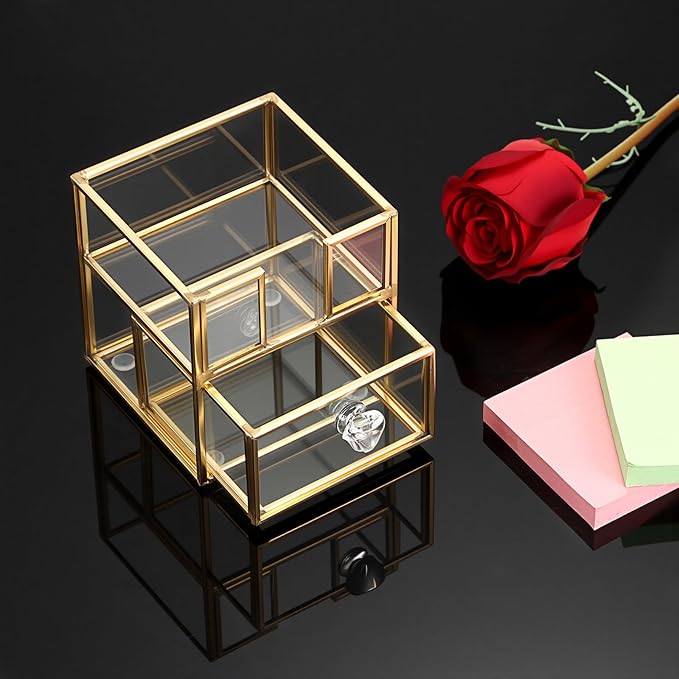 BTSKY Golden Glass 3x3 Inch Sticky Note Holder with Drawer, Elegant Post It Note Dispenser with Non-Slip Pads Clear Notepad Holder for Desk Organization Planning, Home Office Decor