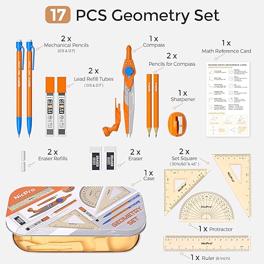 Nicpro 17 PCS Compass Geometry Set with Case + Nicpro 22 PCS Compass Geometry Tools with Case