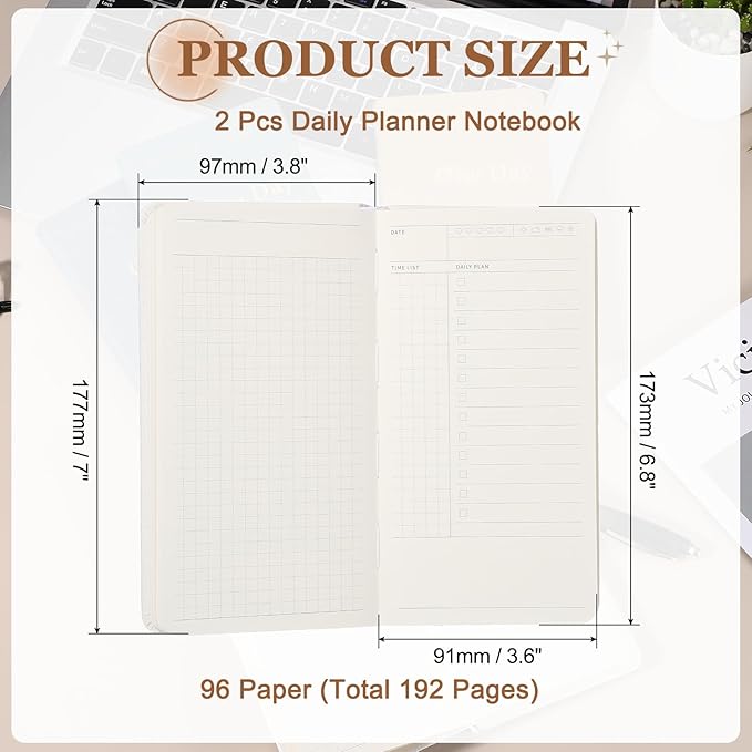 PATIKIL 2Pcs Planner Notebook, 7 x 3.8" 96 Sheets Undated Daily Planner Pocket to Do List Daily Weekly Goals Notebook for Office Home Study Work Time Management Habit Tracker, White