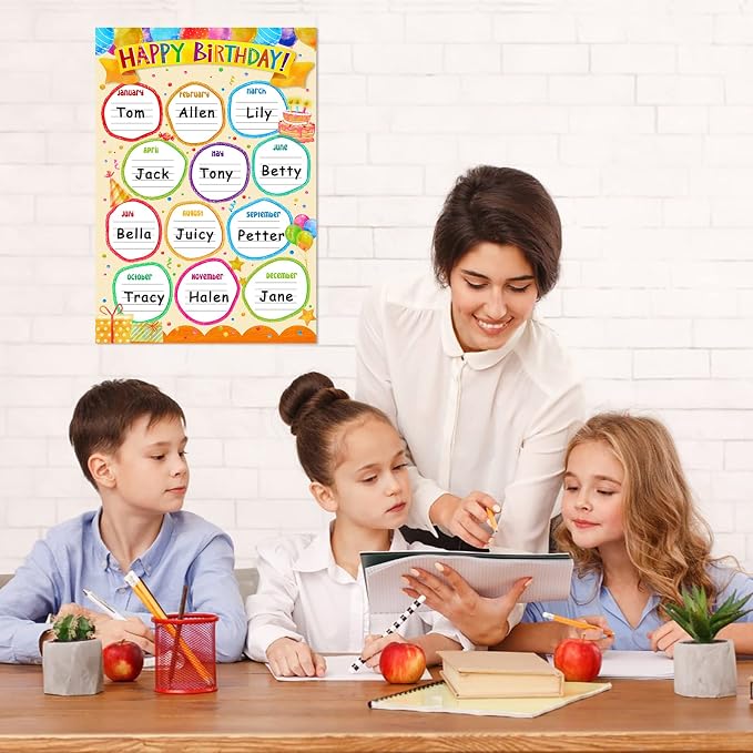 FaCraft Birthday Chart for Classroom - Happy Birthday Poster Reusable Birthday Calendar Laminated Classroom Birthday Chart Classroom Bulletin Board Decorations Back to School Supplies