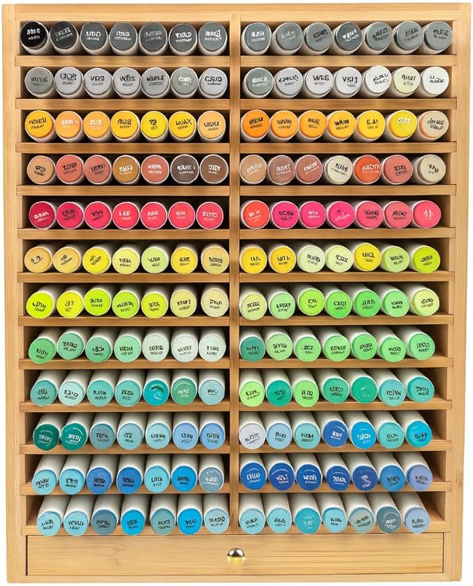 EpicGifts Alcohol Marker Organizer Storage for 168 Alcohol Markers With Marker Storage Drawer and Coloring Book Holder Slot - Bamboo Wooden Marker Storage Organizer