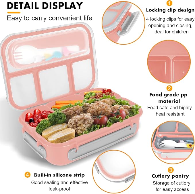 Bento Box for Kids 1300ML with 4 Compartment & Food Picks Cake Cups, Pink | Lunch Box Containers for Adults/Kids/Toddler, Leak-Proof, Microwave/Dishwasher/Refrigerator Safe, BPA Free