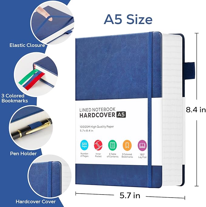 FOCUS DAY Thick Notebook Journal, Leather A5 Notebooks College Ruled 320 Pages Lined Paper Notebooks, Hardcover Journal Notebook for Writing Women and Men, 5.7'' X 8.4'', Dark Blue