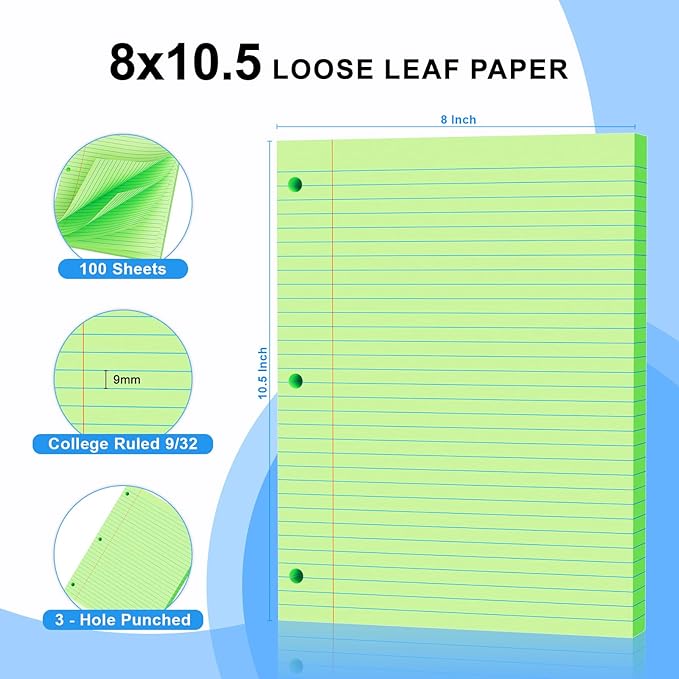 Green Loose Leaf Paper 100 Sheets 8" x 10.5" Filler Paper, College Ruled 3-Hole Punched, Notebook Paper for 3-Ring Binders Notepad Writing Note Pads To-Do Lists for Office & School Supplies