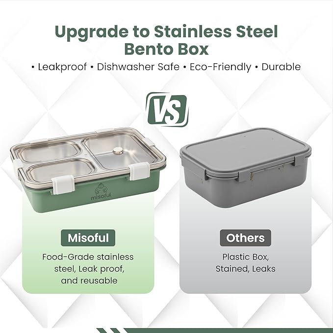 Bento Lunch Box for Kids Age 8+, Teens, Adults - 1000ml Stainless Steel School Lunchbox, 3 Compartments, Non-Microwavable, Compact BPA-Free Food Container for School Lunches, Snacks, Travel - Green