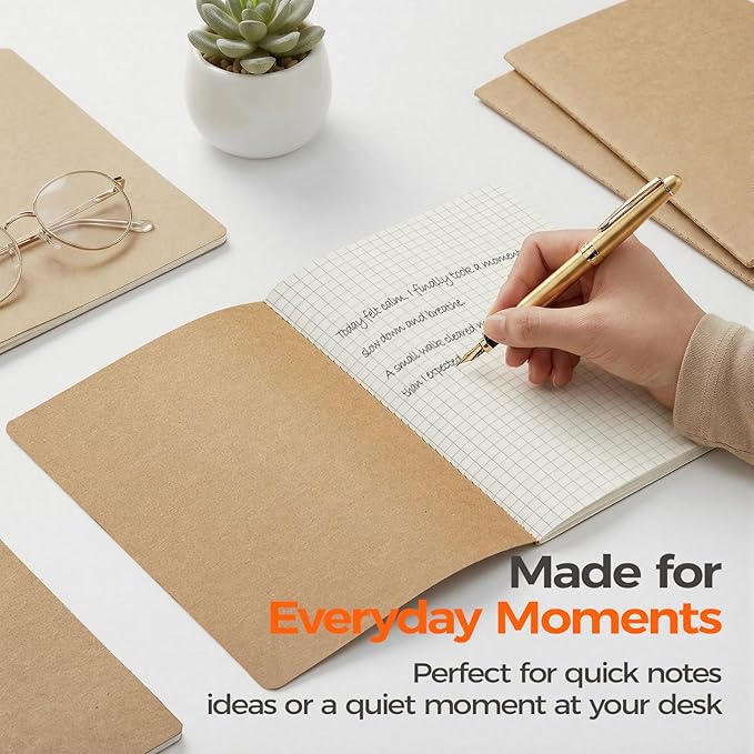 8 Pack Kraft Notebooks Bulk A5, 60 Pages Grid Graph Paper Journals, 8.3x5.5 Inches, Natural Kraft Cover Composition Notebooks for School Office Students Artists