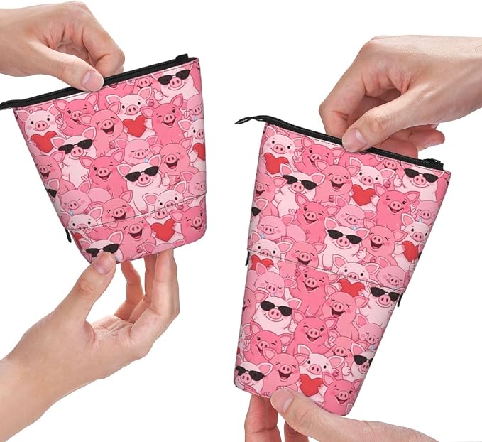Funny Pink Pig Standing Pencil Case Cute Telescopic Stationary Pouch with Zipper Large Capacity Stand up Pen Bag Portable Makeup Holder for School Office Supplies