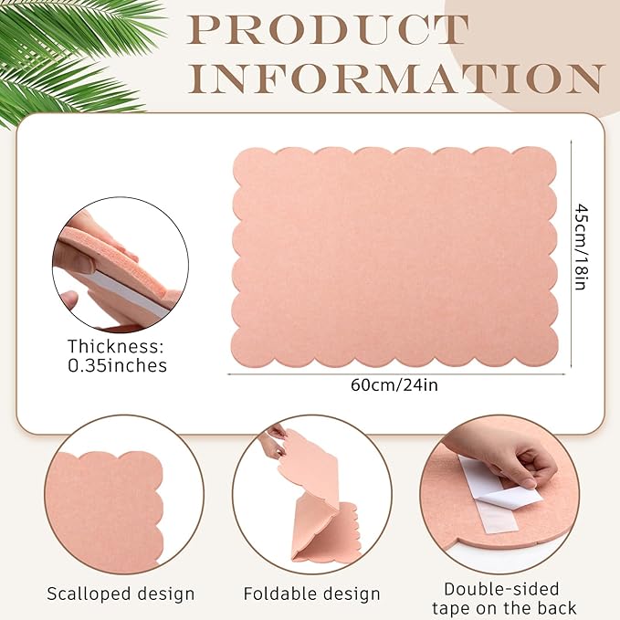 Mooliwe Scalloped Felt Bulletin Board 36 x 24 Inches Foldable Light Pink Pin Cork Board Alternative for Wall, 3' x 2' Trifold Picture Vision Self Adhesive Bulletin Decorative