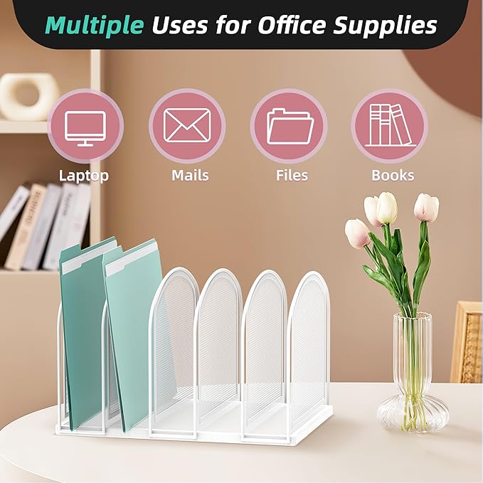 SUPEASY File Organizer 5-Section Mesh Desk Organizer, Upright File Organizer Desktop Organizer File Sorter, File Folder Holder for Office Supplies, White (Pack of 2)