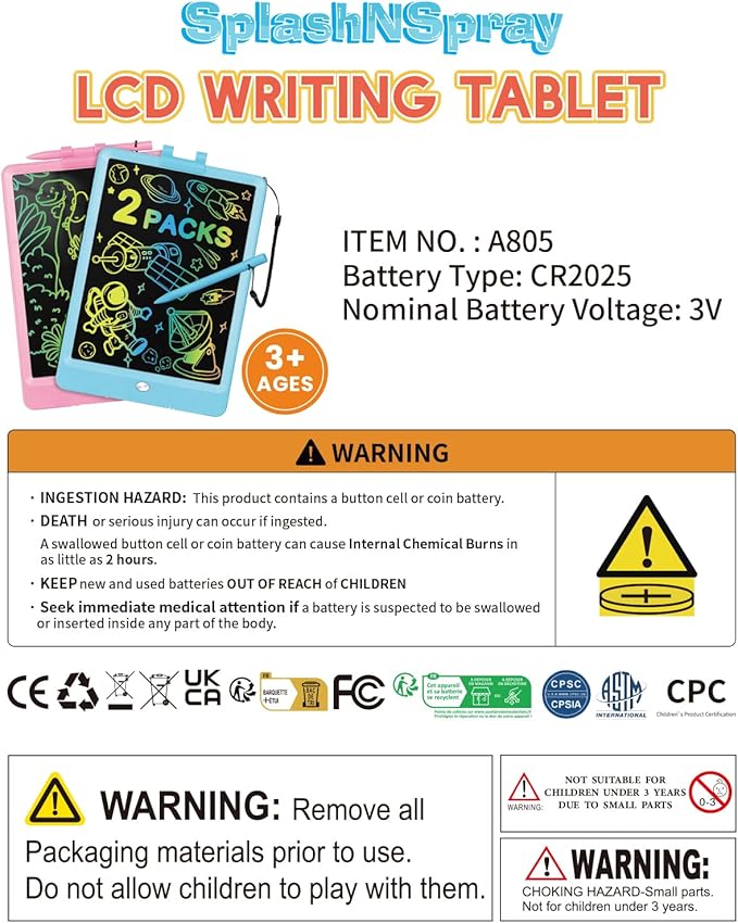 SplashNSpray Writing Tablet, 2pack LCD Drawing Tablet for Kids, Colorful Toddler Doodle Board, Erasable Reusable Electronic Drawing Pads, Educational and Learning Toy for 3+ Years Old Kids 8.5inch