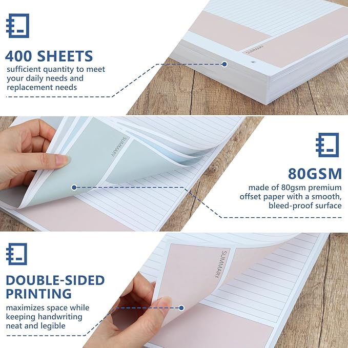 400 Sheet Colored Cornell Notes Loose Leaf Paper 8.5×11 Inch for 3 Ring Binder College Ruled Notebook Refill Paper Bulk Taking System Filler Paper Letter Size for School Office Business Home 80gsm