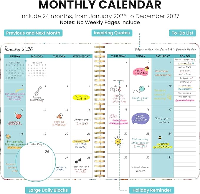 Monthly Planner 2026-2027, Aesthetic 2 Year Months Planner Calendar, 24-Months from January 2026 - December 2027, 26-27 Monthly Calendar Planner, Perfect for School Office Home, 7" x 10" - Wildflowers