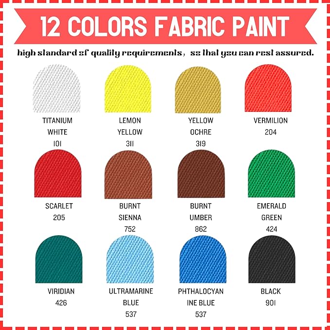 HUAL Fabric Paint Set for Clothes 12 Vibrant Colors Textile Paint with 6 Brushes & Palette Quick-Drying, Non-Toxic Fabric Paint Kit for T-Shirts, Shoes, Canvas, DIY Art & Crafts Premium Gift Box