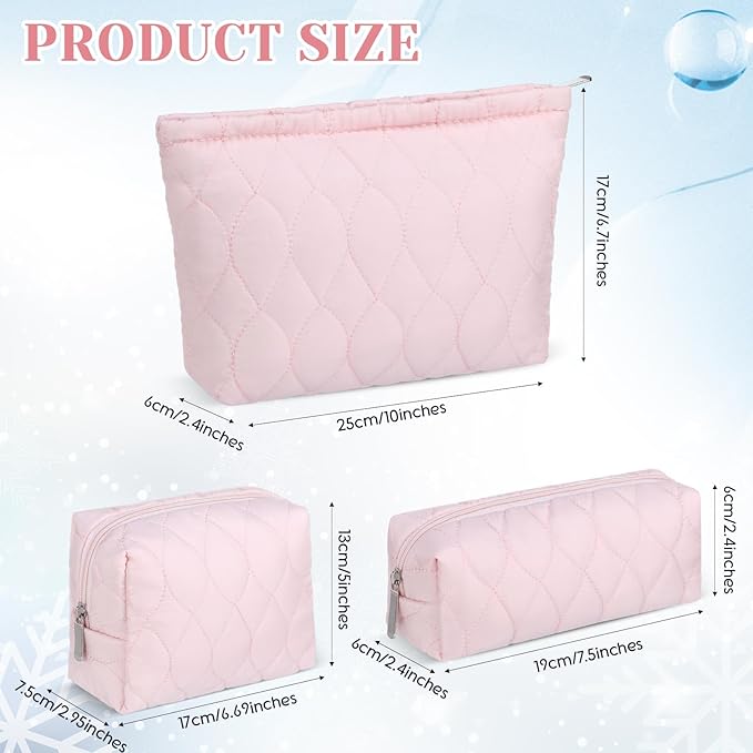 Huhumy 3 Pcs Puffy Makeup Bag Quilted Cosmetic Pouch for Women Cute Water drop Travel Toiletry Bag Puffer Makeup Organizer Purse Pouch Preppy Pencil Case with Zipper(Light Pink)