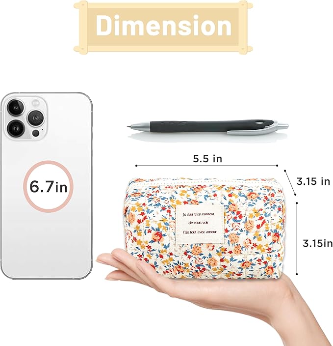 Sminra Floral Makeup Bag Small Cotton Quilted Cosmetic Bag Organizer, Aesthetic Cottagecore Preppy Portable Pouch Purse Toiletry Bag for Women Girls Travel accessories (Red Floral-S)