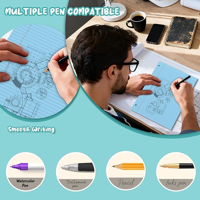 120 Sheets Loose Leaf Paper 8 x 10.5, 6 Colors Lined Paper College Ruled, 3-Hole Punched Notebook Paper 8 x 10.5, 3-Ring Binder Paper 20 Sheets/Pack, Colored Filler Paper for Office, School, Home