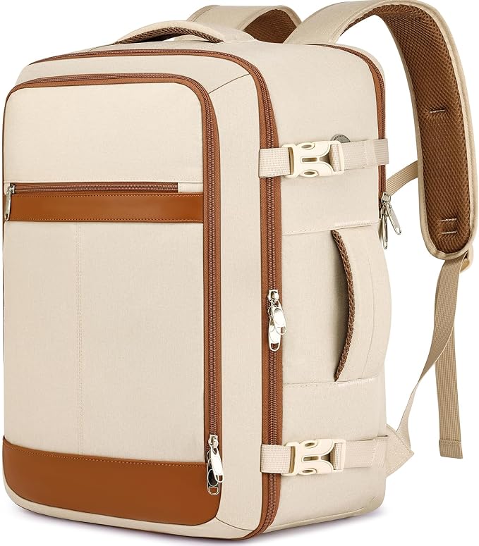 EZUOLA Large Travel Backpack for Women Airline Approved Carry On Backpack with Shoe Pouch,TSA 17.3 inch Laptop Mochila Flight Approved Casual Daypack for Weekender Bookbag Travel Essentials,Beige