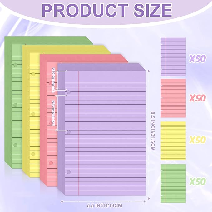 200 Sheets Mini Binder Loose Leaf Paper 5.5 x 8.5 Small Binder Filler Paper Lined College Ruled Paper for Mini 3 Ring Binder 3 Hole Punched Notebook Paper Pocket Folders for School Supplies(200)