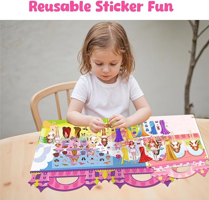 3D Reusable Puffy Sticker Activity Books, 190+ Fun Craft Princess Stickers for Kids, Car Travel Activities Essential, Screen-Free, Christmas Birthday Gifts for 3+ Year Old Girls