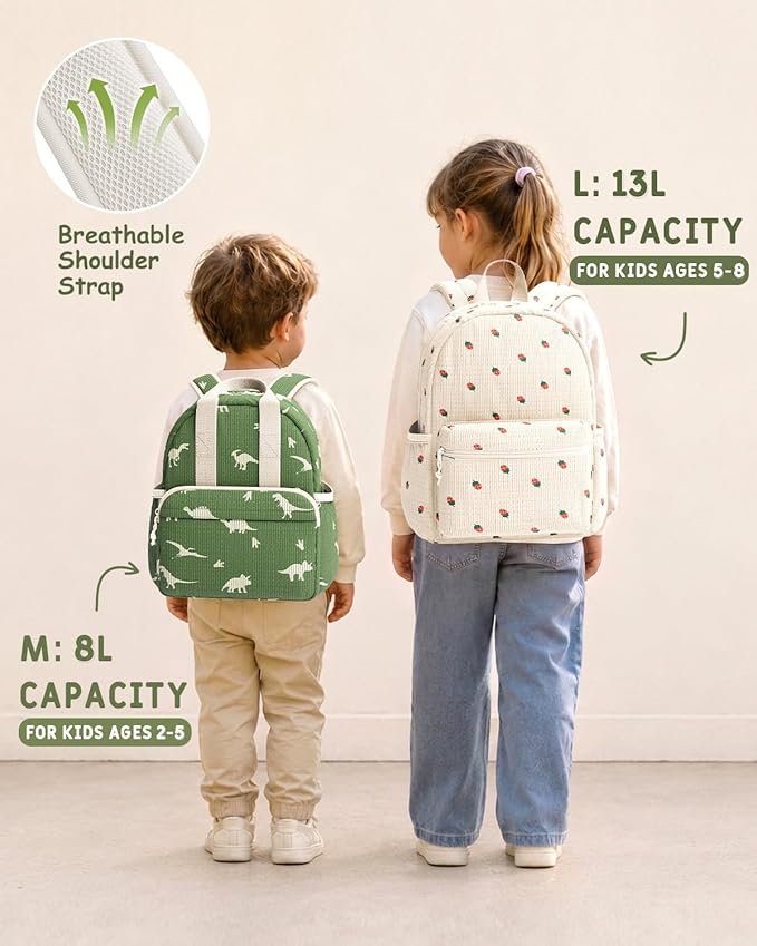 Corduroy Kids Backpack for Boys Girls Ages 5-8 | 15 Inch Water-Resistant Lightweight School Bookbag for kindergarten and Elementary, 1st-3rd grade(Large,Green Dinosaur)