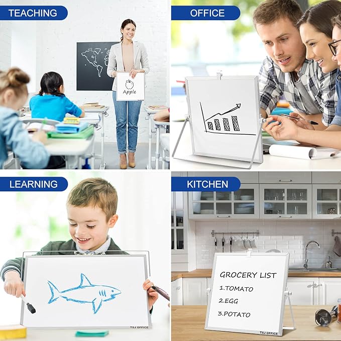 TSJ OFFICE Small White Board - 12 X 12 Inches Small Magnetic Dry Erase Board with Hooks for Wall, Desktop Whiteboard Stand 360 Degrees Revolving Double Sided for Office, Home, School, Silver