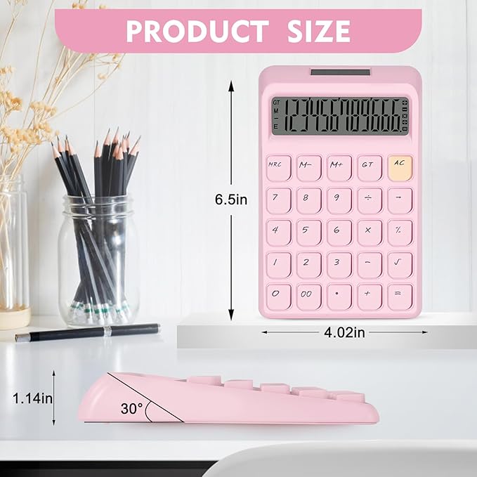 Cute Calculator, Calculators Desktop, Pink Calculator Big Buttons, Solar and Battery Dual Power, 12-Digits Large LCD Display, Desk Calculators for Office Home School Basic Business (Pink)